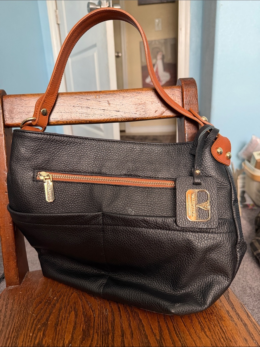 Valentina Genuine Italian Leather Purse with Tan Handles and Gold Accent